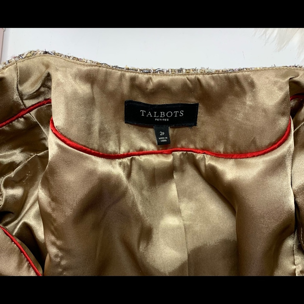 Talbots Beige Gold Metallic Zipper Front Tweed Blazer Jacket Mature Modest 2P - Picture 10 of 11